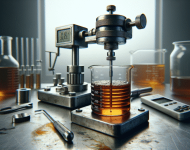 Rotational viscometer mengukur viskositas sirup kental dalam beaker, menyoroti pengendalian viskositas untuk konsistensi sirup.