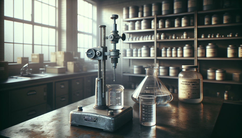 Professional laboratory technician using a Brookfield viscometer to test the viscosity of a clear hand rub solution for medical disinfectant production.