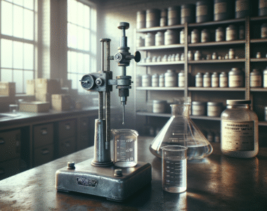 Professional laboratory technician using a Brookfield viscometer to test the viscosity of a clear hand rub solution for medical disinfectant production.