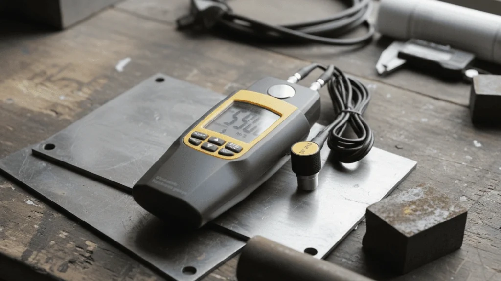 Ultrasonic thickness gauge on industrial metal, demonstrating pengukuran ketebalan logam and quality control in a workshop.