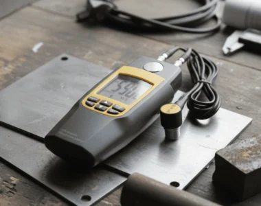 Ultrasonic thickness gauge on industrial metal, demonstrating pengukuran ketebalan logam and quality control in a workshop.