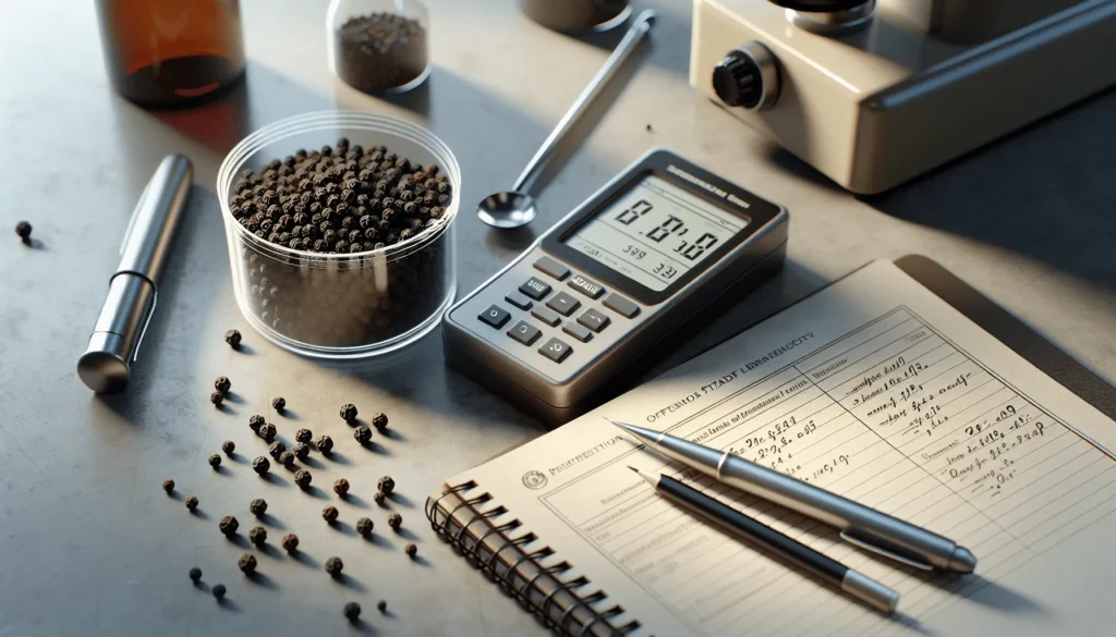 Close-up of a digital water activity meter measuring whole black peppercorns on a lab bench, with SNI standard documents, for quality control.