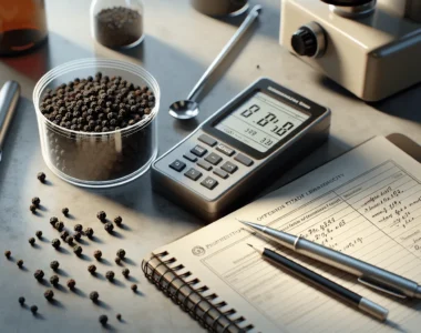 Close-up of a digital water activity meter measuring whole black peppercorns on a lab bench, with SNI standard documents, for quality control.