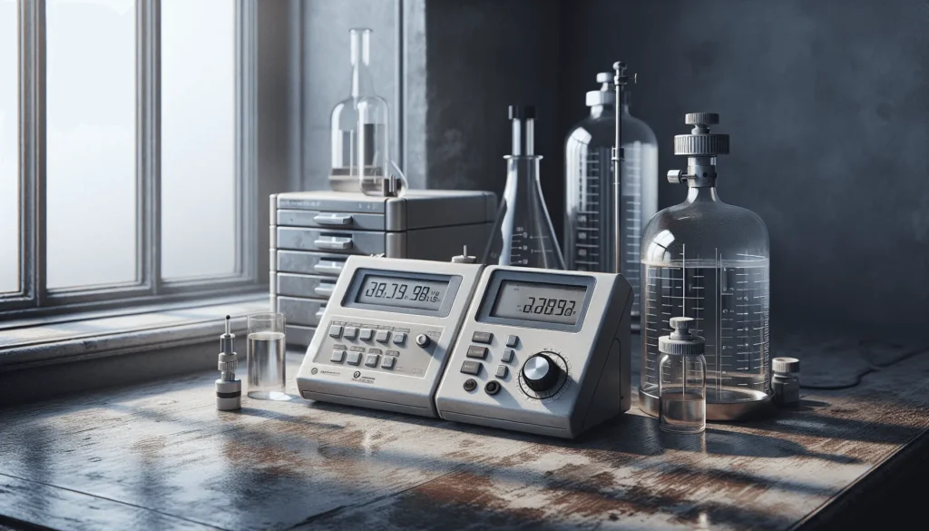 Three water activity measurement instruments on a lab bench: a modern dew point meter, a capacitive sensor, and traditional glassware, highlighting different methods for comparison.