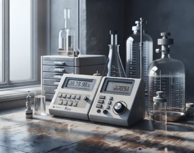 Three water activity measurement instruments on a lab bench: a modern dew point meter, a capacitive sensor, and traditional glassware, highlighting different methods for comparison.