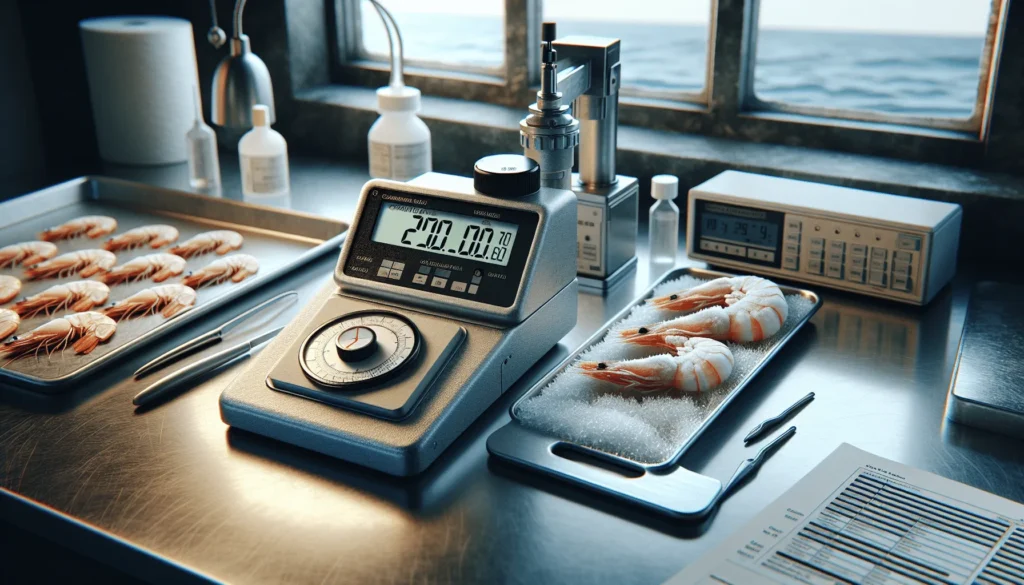 Close-up of a water activity meter measuring frozen shrimp on a stainless steel tray in a professional seafood quality control laboratory.