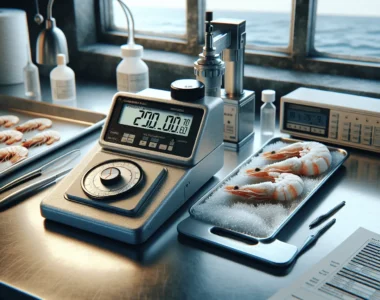 Close-up of a water activity meter measuring frozen shrimp on a stainless steel tray in a professional seafood quality control laboratory.