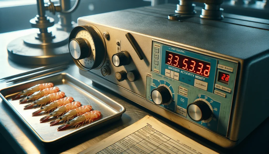 Close-up of a water activity meter measuring processed shrimp on a stainless steel tray in a professional food safety laboratory.