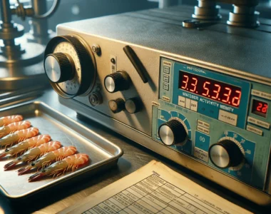 Close-up of a water activity meter measuring processed shrimp on a stainless steel tray in a professional food safety laboratory.