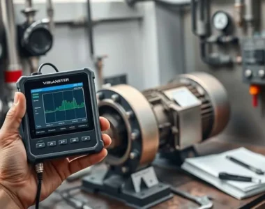 Teknisi melakukan pengukuran getaran dengan vibration analyzer pada bearing motor pompa irigasi di stasiun distribusi air.