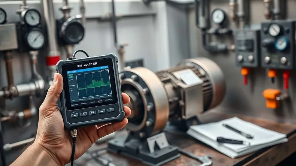 Teknisi melakukan pengukuran getaran dengan vibration analyzer pada bearing motor pompa irigasi di stasiun distribusi air.