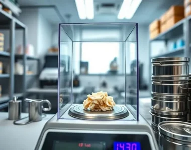 Alat analisa kelembaban menganalisis sampel ikan kalengan di laboratorium kontrol kualitas pengalengan ikan dengan timbangan logam dan layar digital.