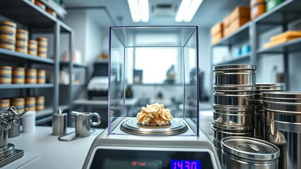 Alat analisa kelembaban menganalisis sampel ikan kalengan di laboratorium kontrol kualitas pengalengan ikan dengan timbangan logam dan layar digital.