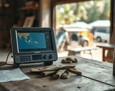 Peta risiko panas ekstrem Indonesia di layar laptop, perlengkapan kerja di meja kayu, dokumenter mitigasi bencana iklim