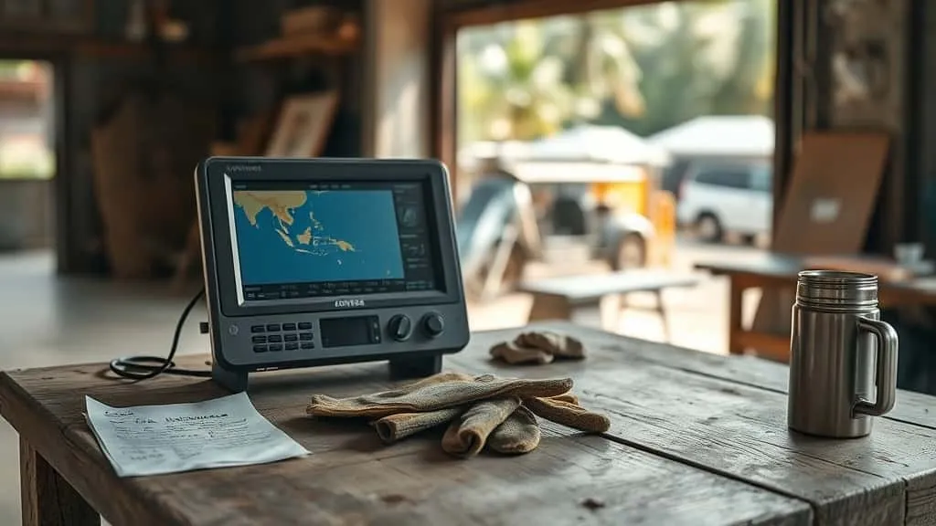 Peta risiko panas ekstrem Indonesia di layar laptop, perlengkapan kerja di meja kayu, dokumenter mitigasi bencana iklim