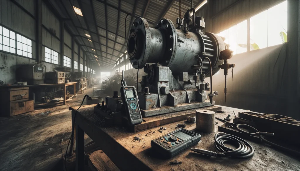 Perbandingan monitoring getaran di pabrik sawit dengan portable vibration meter usang dan fixed sensor bracket berkarat pada motor.