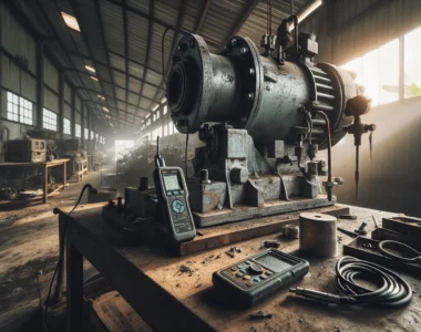Perbandingan monitoring getaran di pabrik sawit dengan portable vibration meter usang dan fixed sensor bracket berkarat pada motor.