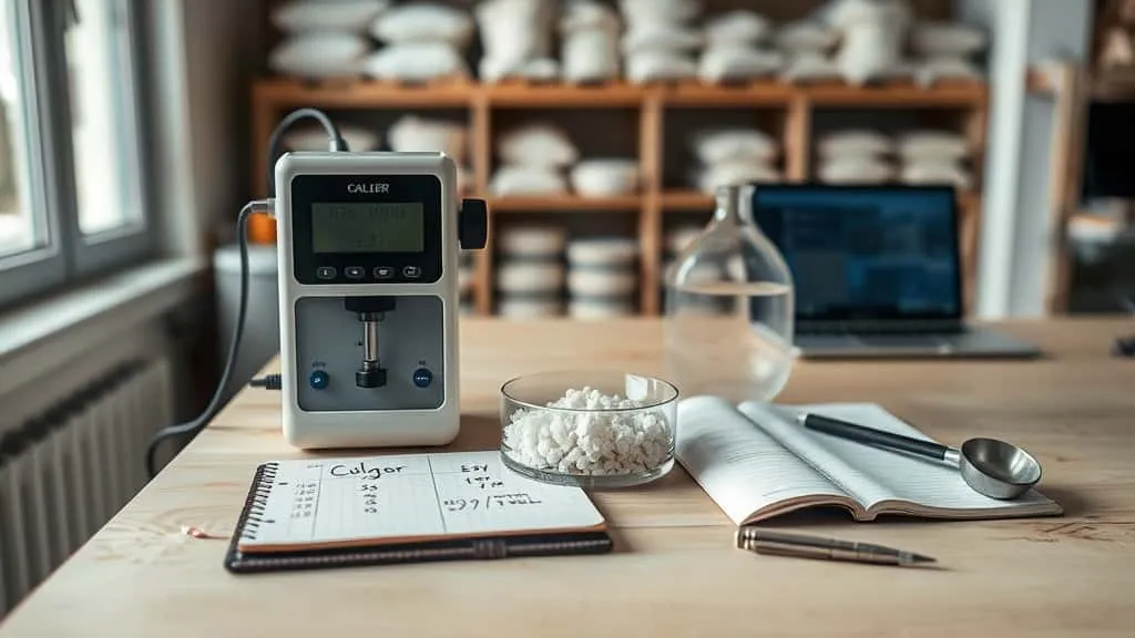 Colorimeter digital mengukur warna gula kelapa putih secara presisi dan objektif untuk kendali mutu.