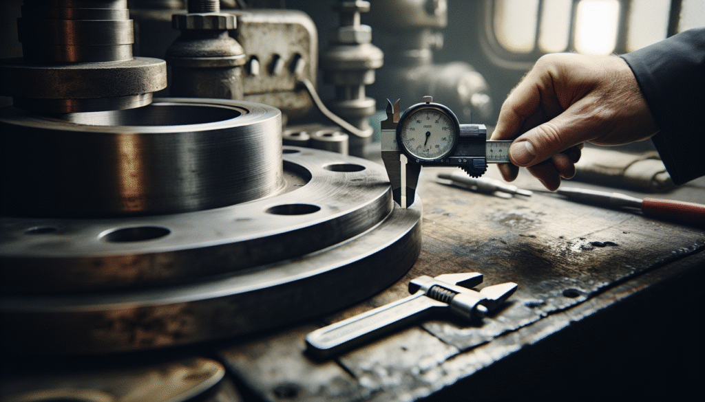 Probe roughness tester mengukur permukaan sealing flange industri yang telah digunakan.