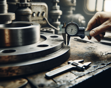 Probe roughness tester mengukur permukaan sealing flange industri yang telah digunakan.