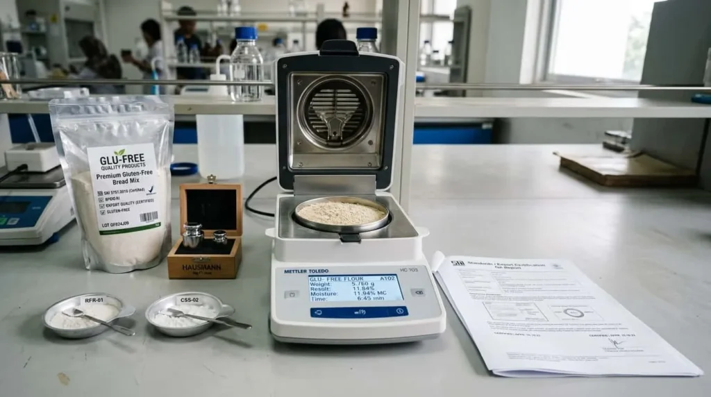 Moisture analyzer with digital display, gluten-free flour samples, and SNI export standards document on laboratory workbench.