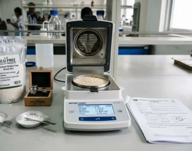 Moisture analyzer with digital display, gluten-free flour samples, and SNI export standards document on laboratory workbench.