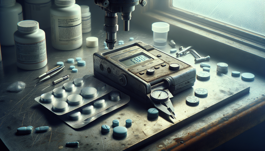 Digital micrometer measures pharmaceutical packaging thickness on a lab bench, crucial for BPOM validation standards.