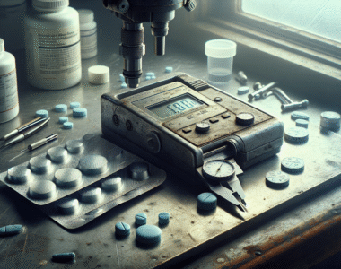 Digital micrometer measures pharmaceutical packaging thickness on a lab bench, crucial for BPOM validation standards.