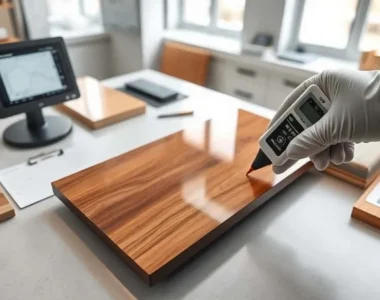 Teknisi QC mengukur kilap furnitur dengan gloss meter, standar satuan GU untuk hasil akhir seragam.