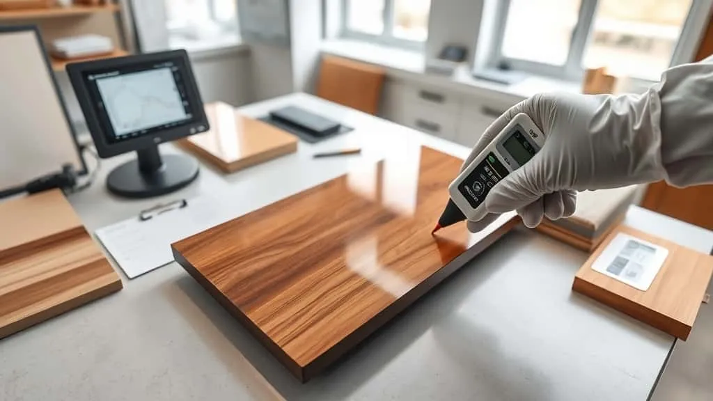 Teknisi QC mengukur kilap furnitur dengan gloss meter, standar satuan GU untuk hasil akhir seragam.