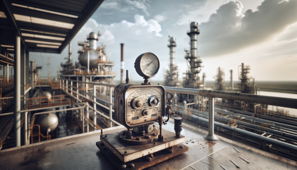 Weather station monitoring dynamic skies at an oil refinery for safety and operational efficiency.