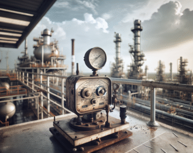 Weather station monitoring dynamic skies at an oil refinery for safety and operational efficiency.