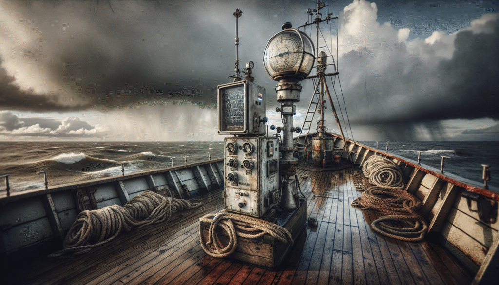 Weathered maritime weather station mounted on a trawler railing with stormy clouds over the ocean, illustrating essential tools for reducing extreme weather risks at sea.
