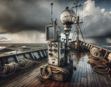 Weathered maritime weather station mounted on a trawler railing with stormy clouds over the ocean, illustrating essential tools for reducing extreme weather risks at sea.