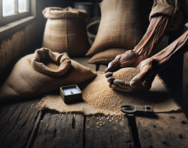 A farmer's weathered hands examining rice grains for moisture in a rustic shed during overcast weather, highlighting early detection strategies for wet gabah.