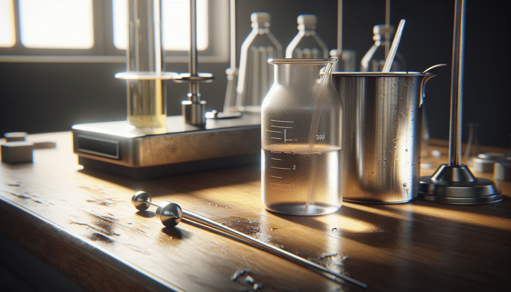 Laboratorium formulasi detergen cair: beaker, pengaduk, dan botol cairan di meja kerja.