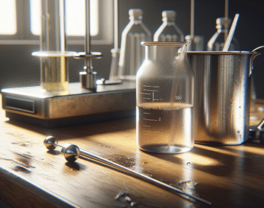 Laboratorium formulasi detergen cair: beaker, pengaduk, dan botol cairan di meja kerja.