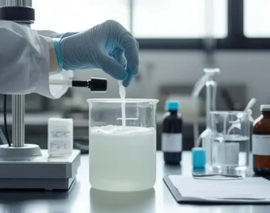 Pemilik laundry memegang sampel detergen cair: lapisan pisah, terlalu encer atau kental, strategi formulasi kekentalan