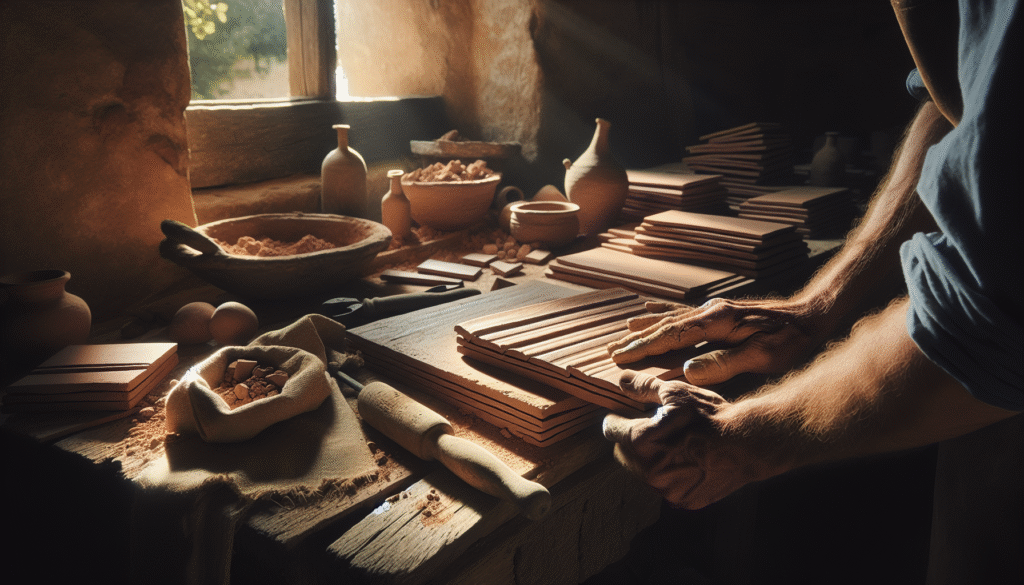 Skilled artisan's hands inspecting a traditional clay roof tile for quality control in a rustic workshop.