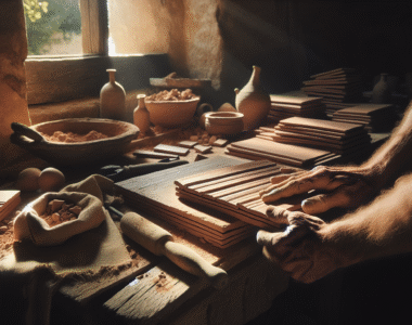 Skilled artisan's hands inspecting a traditional clay roof tile for quality control in a rustic workshop.