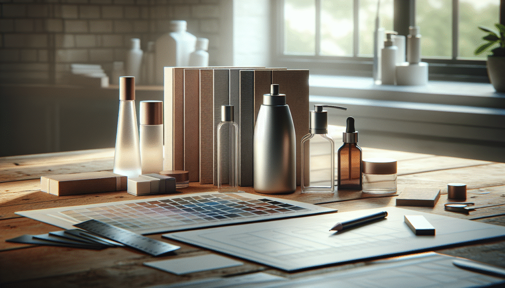 Desain kemasan kosmetik premium (botol, jar) di meja kerja, merefleksikan strategi brand dan konsistensi.