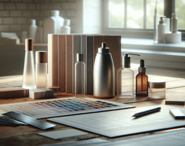 Desain kemasan kosmetik premium (botol, jar) di meja kerja, merefleksikan strategi brand dan konsistensi.