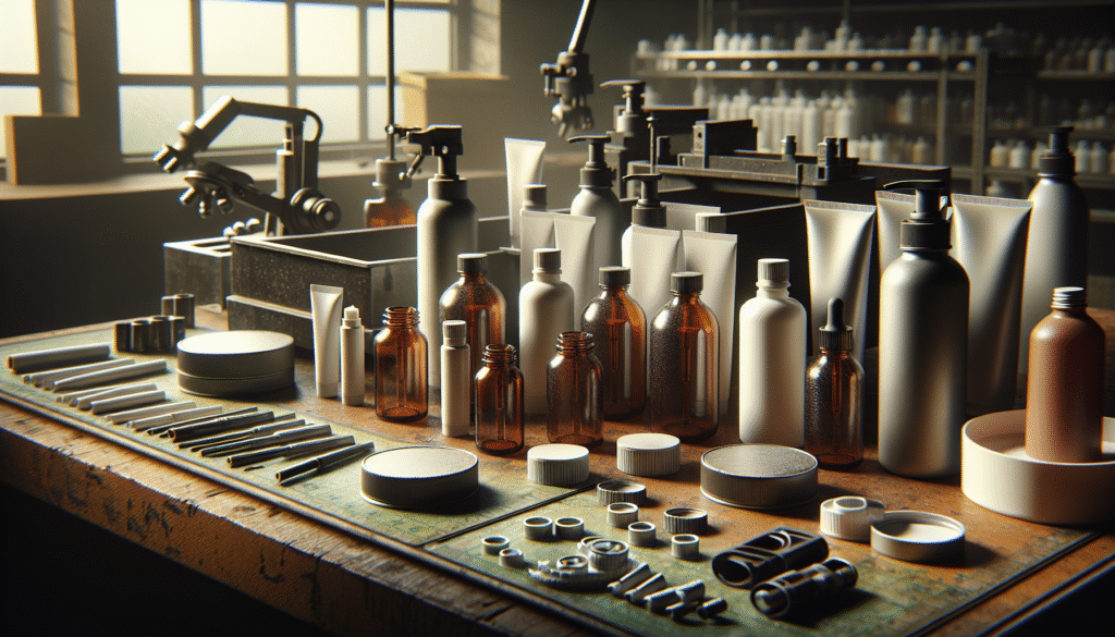 Berbagai kemasan kosmetik di meja lab, menunjukkan tantangan kontrol kelembaban dan stabilitas produk.