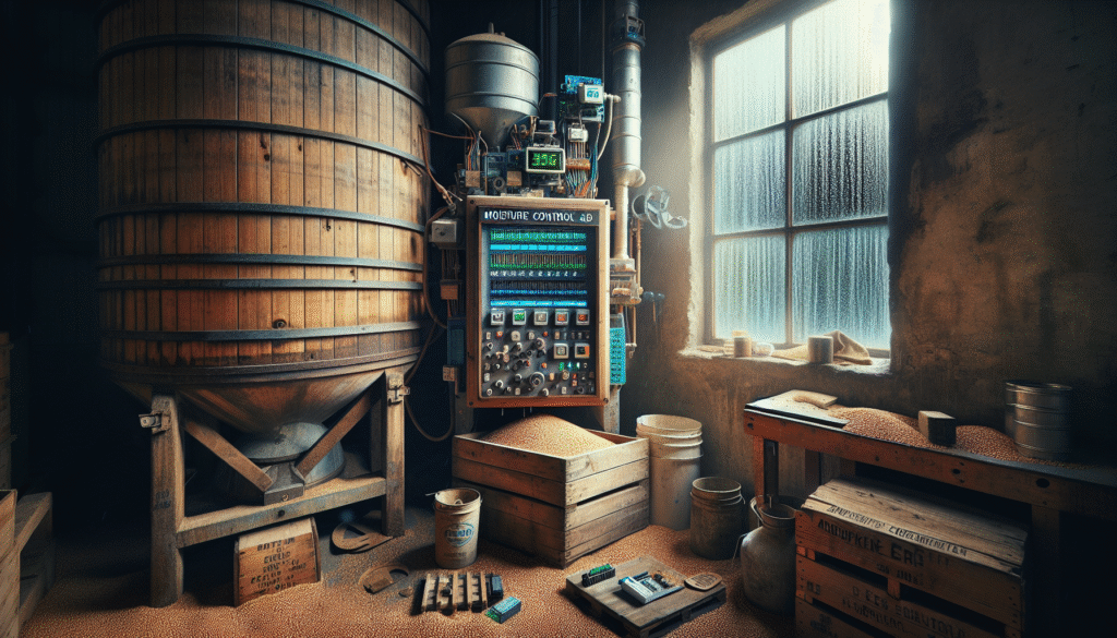 Weathered grain storage interior with moisture control equipment and Arduino monitoring system during rainy season, implementing strategies to prevent grain damage.