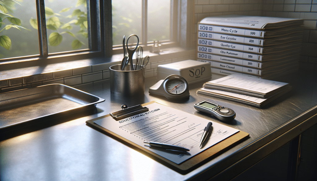 A worn stainless steel countertop in a school kitchen with a quality control checklist, food thermometer, and a four-week menu cycle, illustrating safe menu planning and raw material quality control strategies.