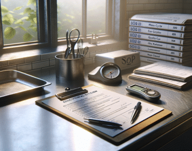 A worn stainless steel countertop in a school kitchen with a quality control checklist, food thermometer, and a four-week menu cycle, illustrating safe menu planning and raw material quality control strategies.
