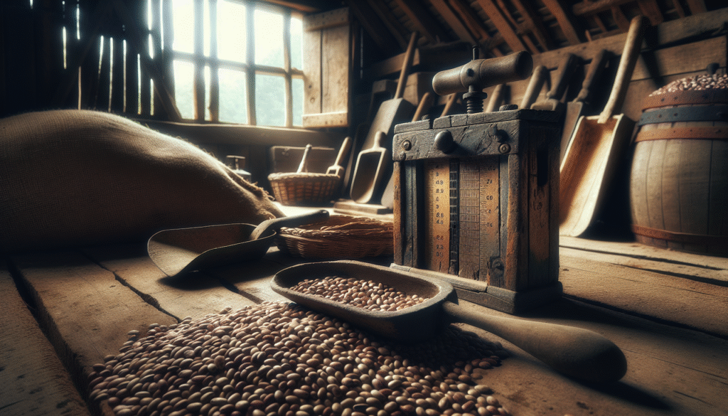 Weathered wooden moisture meter on a burlap sack of beans in a rustic shed, illustrating strategies to manage high moisture in beans during the rainy season.