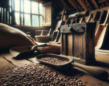 Weathered wooden moisture meter on a burlap sack of beans in a rustic shed, illustrating strategies to manage high moisture in beans during the rainy season.