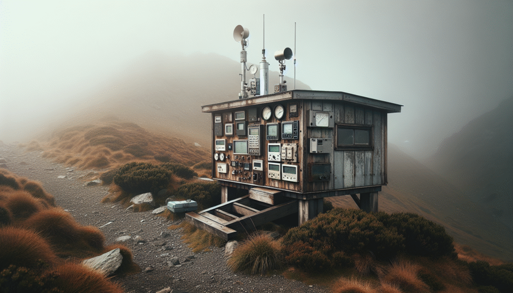 Weather station monitoring climate data on a misty mountain slope for ecosystem conservation.