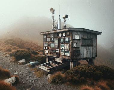 Weather station monitoring climate data on a misty mountain slope for ecosystem conservation.